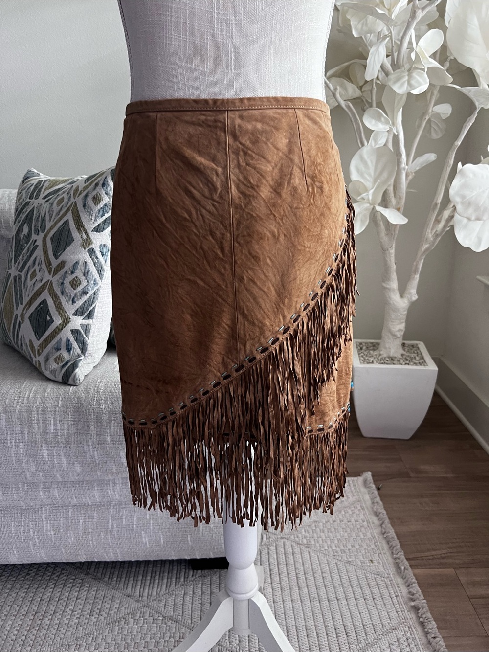 Double D Ranch Brown Play Nice Be Free Embroidered Fringe Leather Skirt Size 10
